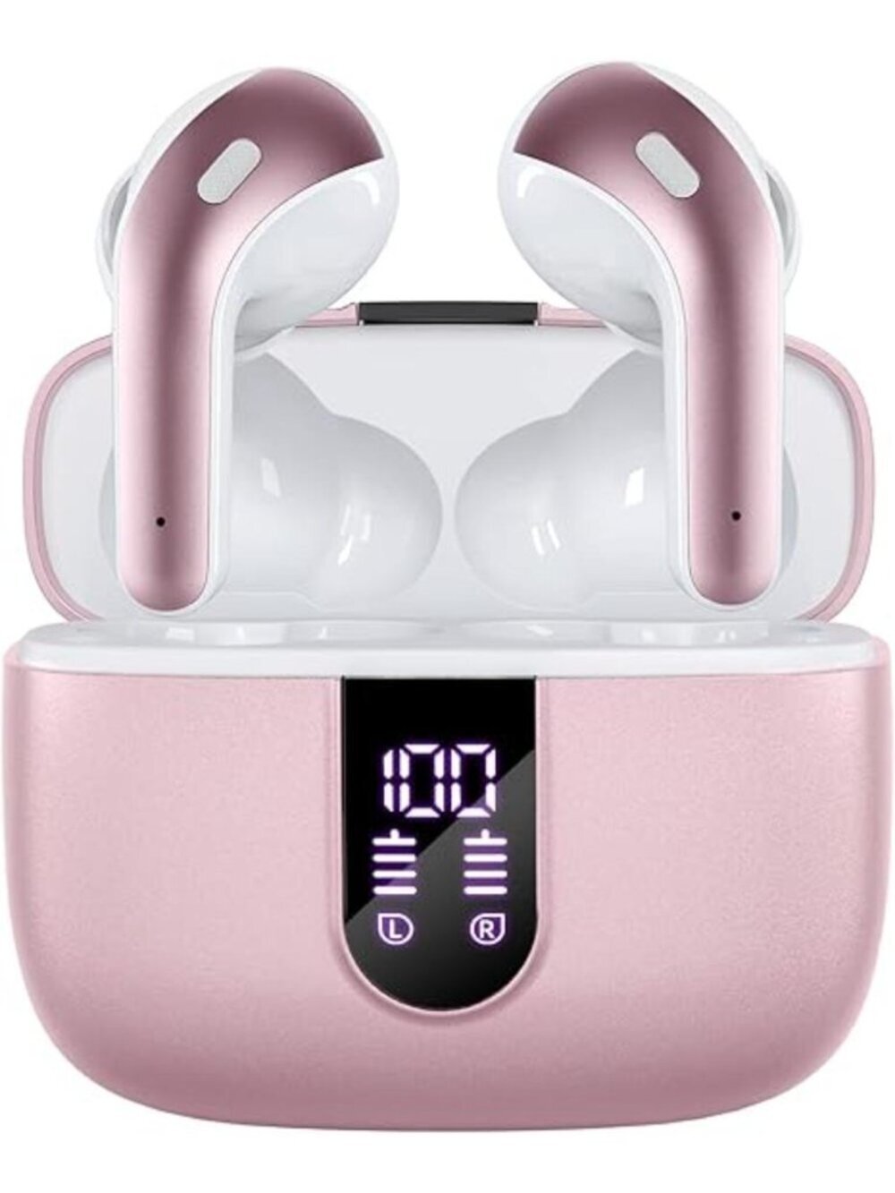 Pink Bluetooth Headphones True Wireless Earbuds LED Power Display with Mic